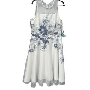 J Taylor white mesh embroidered blue flowers midi fit & flare dress. Size-12